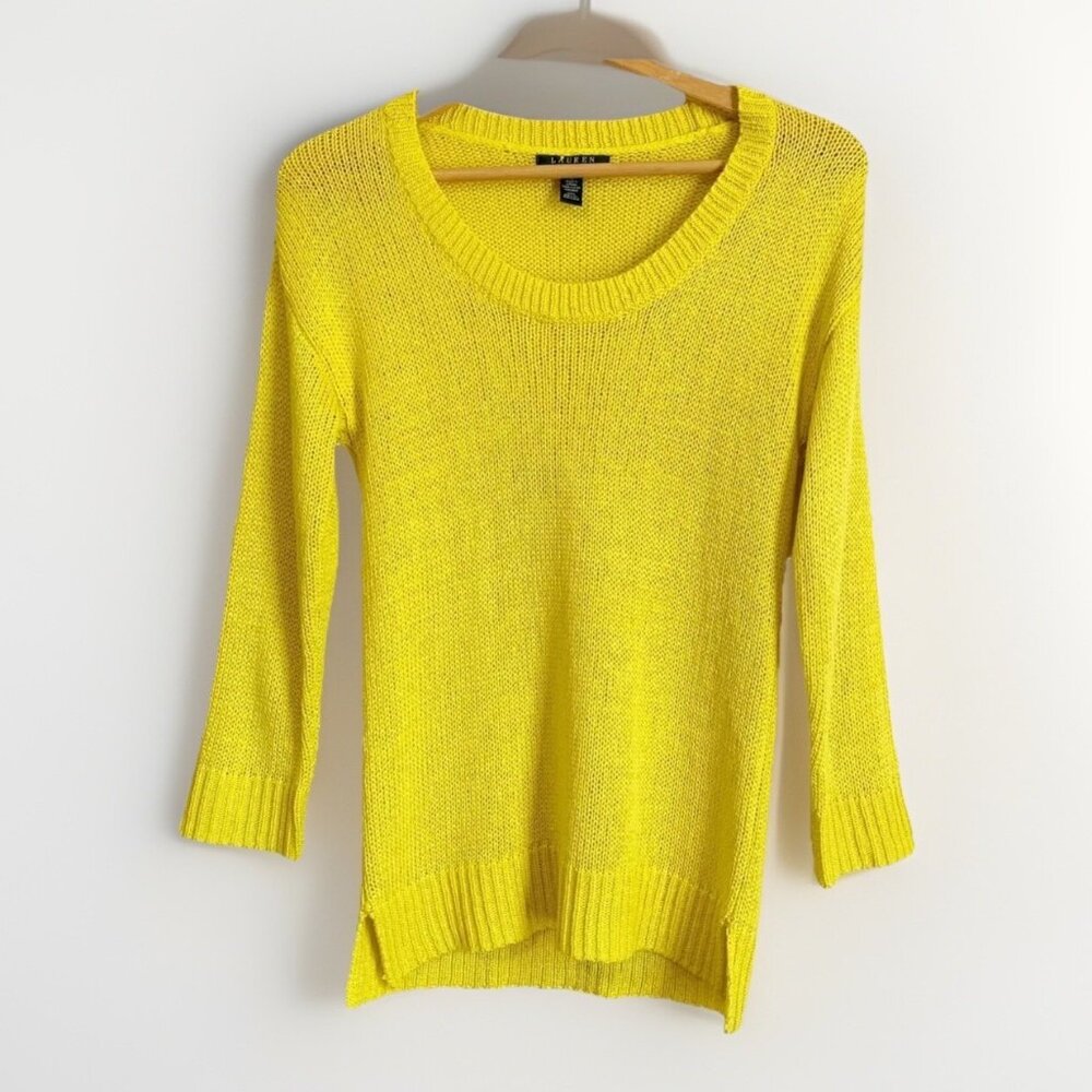 Lauren by Ralph Lauren Womens Medium Bright Yellow Sweater Breathable 3/4 Sleeve